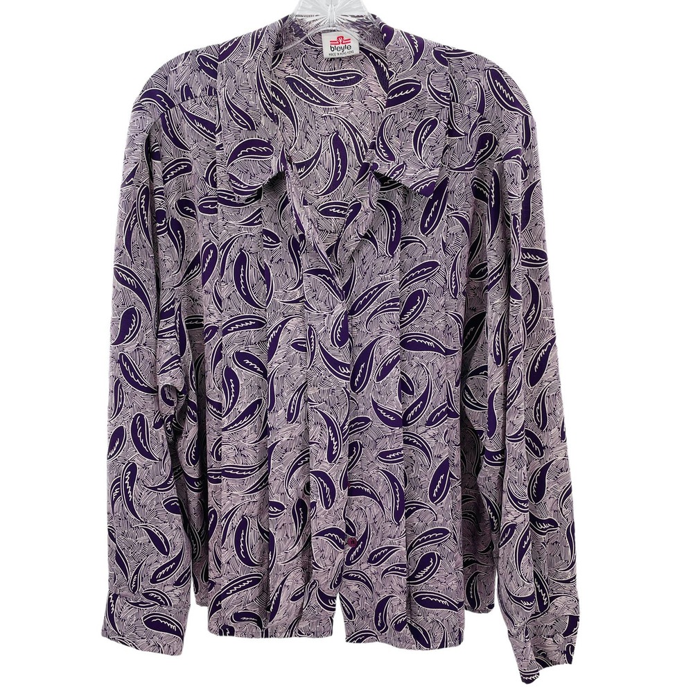 Vintage Bleyle Purple Paisley Long Sleeve Silky Top Blouse Women Plus Sz 16